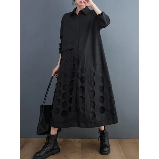 Asymmetric Hollow Polka-Dot Solid Color A-Line Long Sleeves Lapel Midi Dresses Asymmetric Hollow Polka-Dot Solid Color A-Line Long Sleeves Lapel Midi Dresses