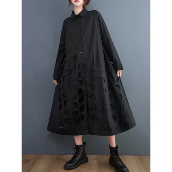 Asymmetric Hollow Polka-Dot Solid Color A-Line Long Sleeves Lapel Midi Dresses Asymmetric Hollow Polka-Dot Solid Color A-Line Long Sleeves Lapel Midi Dresses