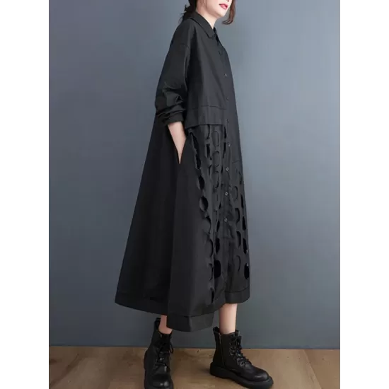 Asymmetric Hollow Polka-Dot Solid Color A-Line Long Sleeves Lapel Midi Dresses Asymmetric Hollow Polka-Dot Solid Color A-Line Long Sleeves Lapel Midi Dresses