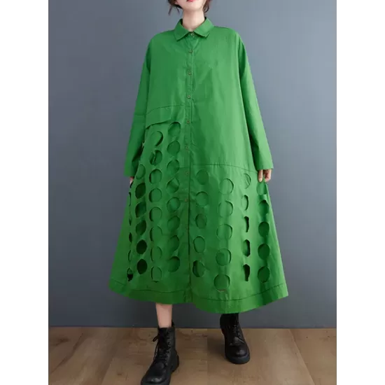 Asymmetric Hollow Polka-Dot Solid Color A-Line Long Sleeves Lapel Midi Dresses Asymmetric Hollow Polka-Dot Solid Color A-Line Long Sleeves Lapel Midi Dresses