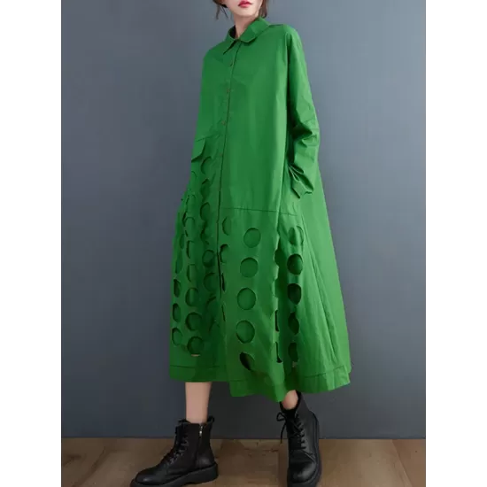 Asymmetric Hollow Polka-Dot Solid Color A-Line Long Sleeves Lapel Midi Dresses Asymmetric Hollow Polka-Dot Solid Color A-Line Long Sleeves Lapel Midi Dresses