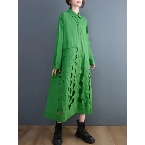 Asymmetric Hollow Polka-Dot Solid Color A-Line Long Sleeves Lapel Midi Dresses Asymmetric Hollow Polka-Dot Solid Color A-Line Long Sleeves Lapel Midi Dresses