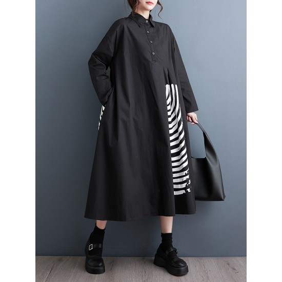 Asymmetric Buttoned Striped A-Line Long Sleeves Lapel Midi Dresses Asymmetric Buttoned Striped A-Line Long Sleeves Lapel Midi Dresses