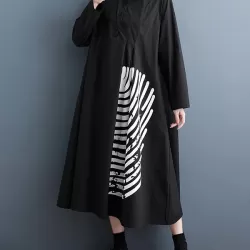 Asymmetric Buttoned Striped A-Line Long Sleeves Lapel Midi Dresses