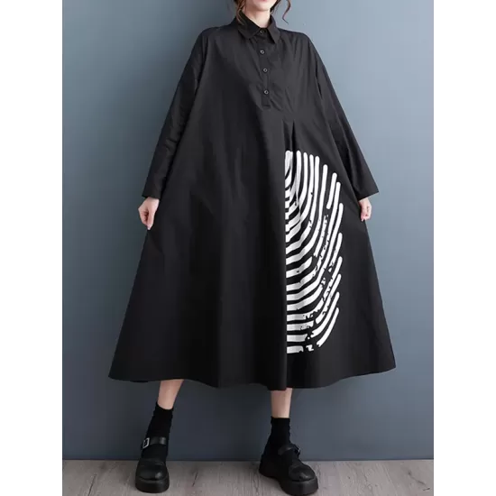 Asymmetric Buttoned Striped A-Line Long Sleeves Lapel Midi Dresses Asymmetric Buttoned Striped A-Line Long Sleeves Lapel Midi Dresses