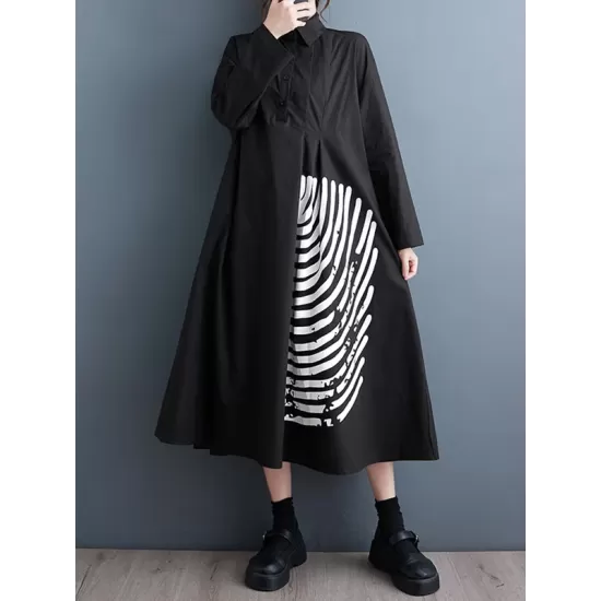 Asymmetric Buttoned Striped A-Line Long Sleeves Lapel Midi Dresses Asymmetric Buttoned Striped A-Line Long Sleeves Lapel Midi Dresses