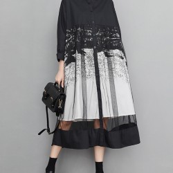 Buttoned Gauze Printed Split-Joint A-Line Long Sleeves Lapel Midi Dresses