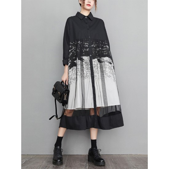 Buttoned Gauze Printed Split-Joint A-Line Long Sleeves Lapel Midi Dresses Buttoned Gauze Printed Split-Joint A-Line Long Sleeves Lapel Midi Dresses
