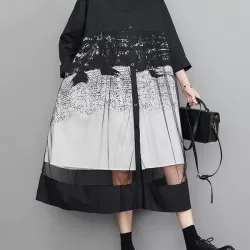 Buttoned Gauze Printed Split-Joint A-Line Long Sleeves Lapel Midi Dresses