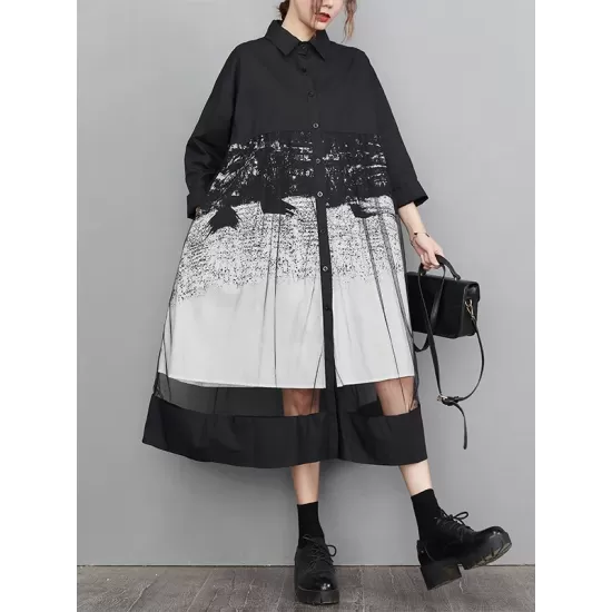 Buttoned Gauze Printed Split-Joint A-Line Long Sleeves Lapel Midi Dresses Buttoned Gauze Printed Split-Joint A-Line Long Sleeves Lapel Midi Dresses