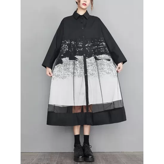Buttoned Gauze Printed Split-Joint A-Line Long Sleeves Lapel Midi Dresses Buttoned Gauze Printed Split-Joint A-Line Long Sleeves Lapel Midi Dresses