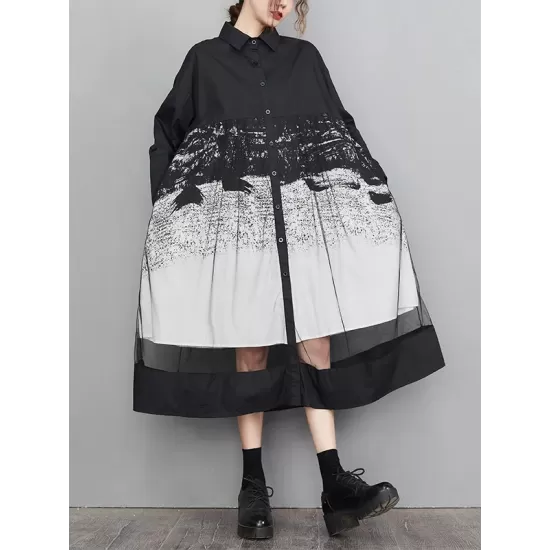 Buttoned Gauze Printed Split-Joint A-Line Long Sleeves Lapel Midi Dresses Buttoned Gauze Printed Split-Joint A-Line Long Sleeves Lapel Midi Dresses