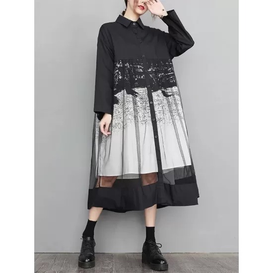 Buttoned Gauze Printed Split-Joint A-Line Long Sleeves Lapel Midi Dresses Buttoned Gauze Printed Split-Joint A-Line Long Sleeves Lapel Midi Dresses