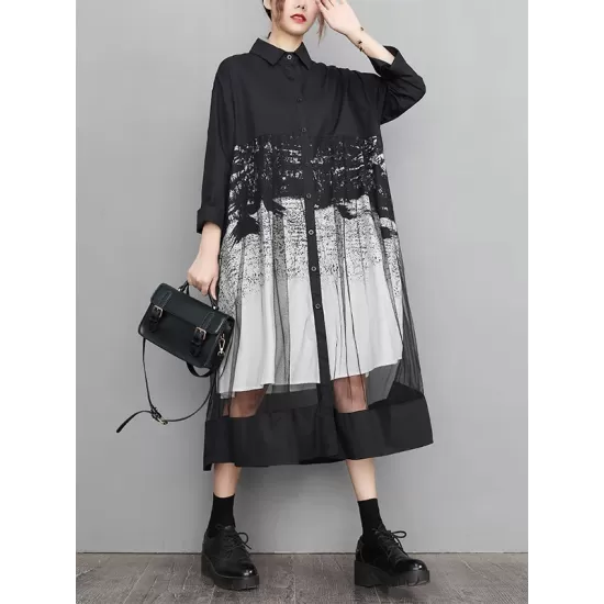 Buttoned Gauze Printed Split-Joint A-Line Long Sleeves Lapel Midi Dresses Buttoned Gauze Printed Split-Joint A-Line Long Sleeves Lapel Midi Dresses