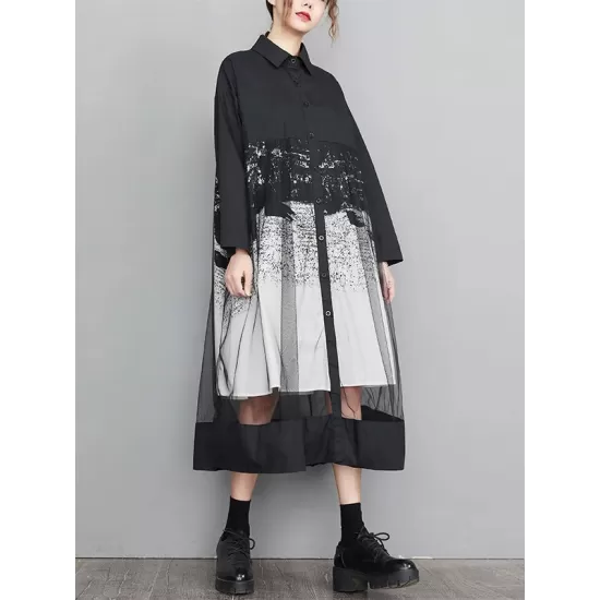 Buttoned Gauze Printed Split-Joint A-Line Long Sleeves Lapel Midi Dresses Buttoned Gauze Printed Split-Joint A-Line Long Sleeves Lapel Midi Dresses