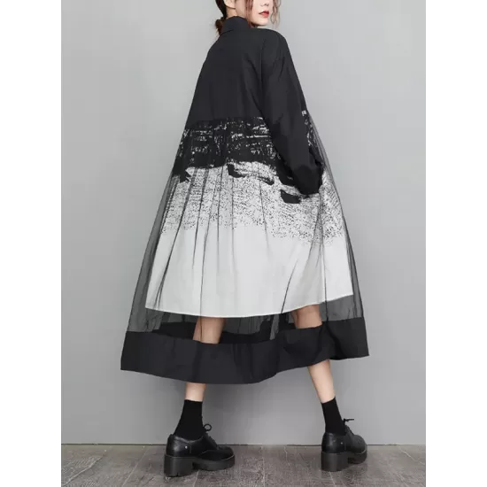 Buttoned Gauze Printed Split-Joint A-Line Long Sleeves Lapel Midi Dresses Buttoned Gauze Printed Split-Joint A-Line Long Sleeves Lapel Midi Dresses