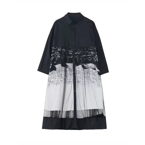 Buttoned Gauze Printed Split-Joint A-Line Long Sleeves Lapel Midi Dresses Buttoned Gauze Printed Split-Joint A-Line Long Sleeves Lapel Midi Dresses