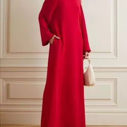 Long Sleeves Hollow Pockets Solid Color High-Neck Evening Dresses