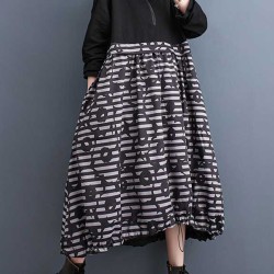 Drawstring Printed Split-Joint Zipper Long Sleeves Loose Midi Dresses