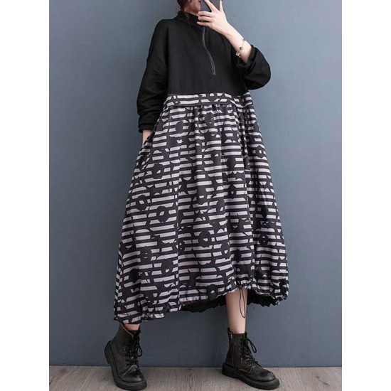 Drawstring Printed Split-Joint Zipper Long Sleeves Loose Midi Dresses Drawstring Printed Split-Joint Zipper Long Sleeves Loose Midi Dresses