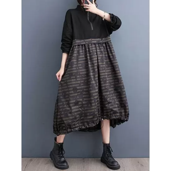 Drawstring Printed Split-Joint Zipper Long Sleeves Loose Midi Dresses Drawstring Printed Split-Joint Zipper Long Sleeves Loose Midi Dresses
