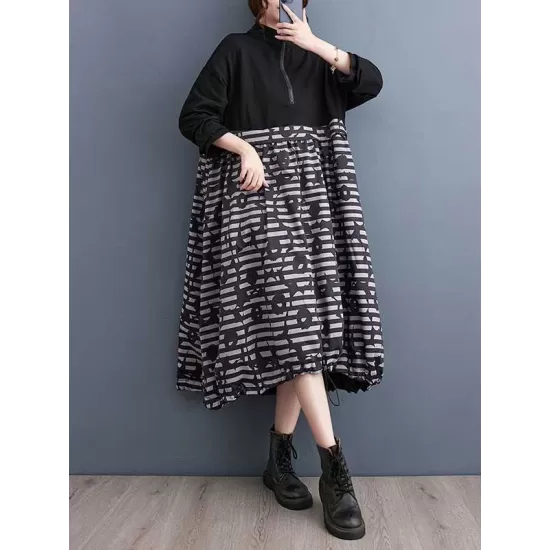 Drawstring Printed Split-Joint Zipper Long Sleeves Loose Midi Dresses Drawstring Printed Split-Joint Zipper Long Sleeves Loose Midi Dresses