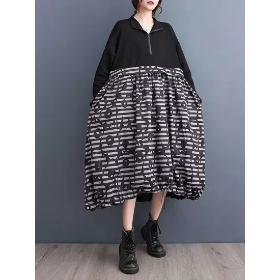 Drawstring Printed Split-Joint Zipper Long Sleeves Loose Midi Dresses Drawstring Printed Split-Joint Zipper Long Sleeves Loose Midi Dresses
