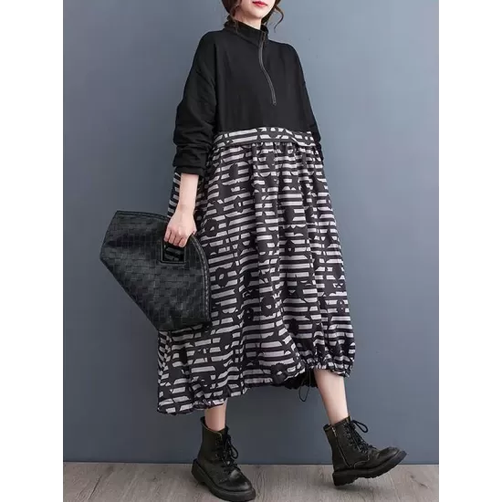 Drawstring Printed Split-Joint Zipper Long Sleeves Loose Midi Dresses Drawstring Printed Split-Joint Zipper Long Sleeves Loose Midi Dresses
