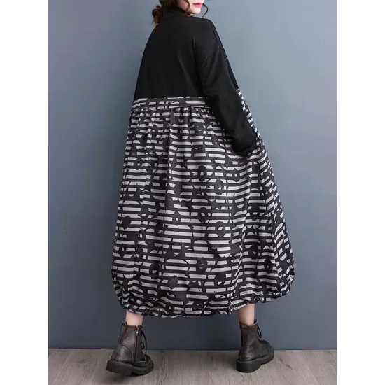Drawstring Printed Split-Joint Zipper Long Sleeves Loose Midi Dresses Drawstring Printed Split-Joint Zipper Long Sleeves Loose Midi Dresses