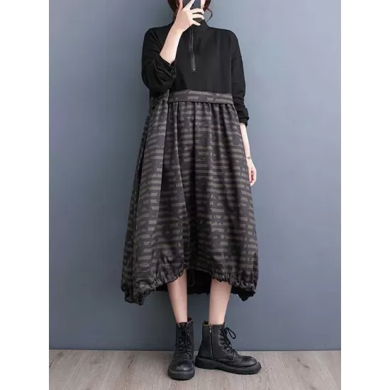 Drawstring Printed Split-Joint Zipper Long Sleeves Loose Midi Dresses Drawstring Printed Split-Joint Zipper Long Sleeves Loose Midi Dresses