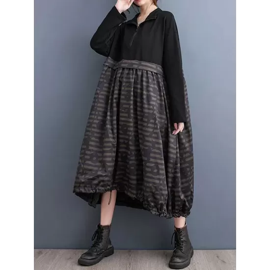 Drawstring Printed Split-Joint Zipper Long Sleeves Loose Midi Dresses Drawstring Printed Split-Joint Zipper Long Sleeves Loose Midi Dresses