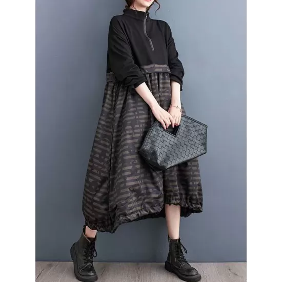 Drawstring Printed Split-Joint Zipper Long Sleeves Loose Midi Dresses Drawstring Printed Split-Joint Zipper Long Sleeves Loose Midi Dresses