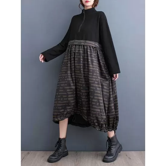 Drawstring Printed Split-Joint Zipper Long Sleeves Loose Midi Dresses Drawstring Printed Split-Joint Zipper Long Sleeves Loose Midi Dresses