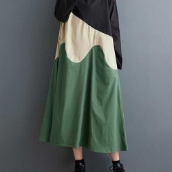 Contrast Color A-Line Long Sleeves Round-Neck Midi Dresses