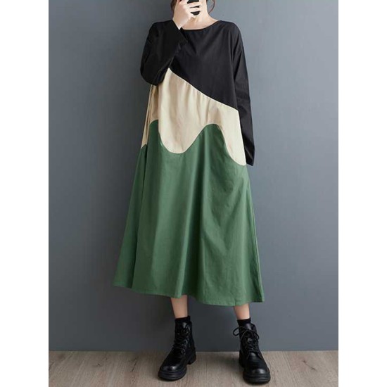 Contrast Color A-Line Long Sleeves Round-Neck Midi Dresses Contrast Color A-Line Long Sleeves Round-Neck Midi Dresses