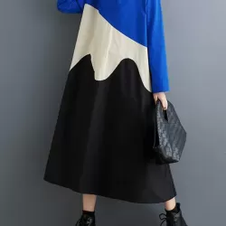 Contrast Color A-Line Long Sleeves Round-Neck Midi Dresses