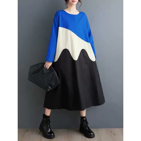 Contrast Color A-Line Long Sleeves Round-Neck Midi Dresses Contrast Color A-Line Long Sleeves Round-Neck Midi Dresses