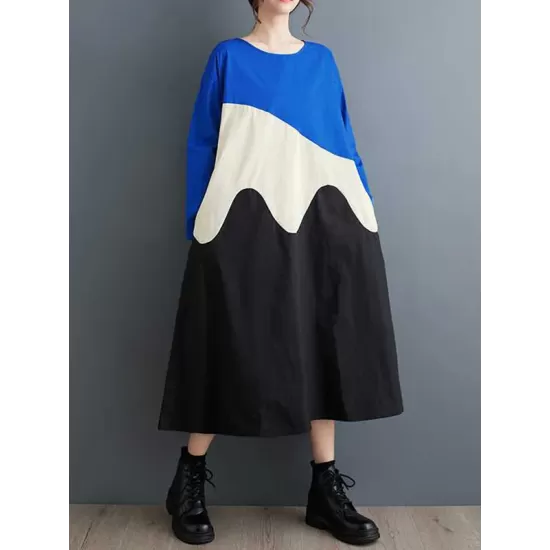 Contrast Color A-Line Long Sleeves Round-Neck Midi Dresses Contrast Color A-Line Long Sleeves Round-Neck Midi Dresses