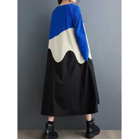Contrast Color A-Line Long Sleeves Round-Neck Midi Dresses Contrast Color A-Line Long Sleeves Round-Neck Midi Dresses
