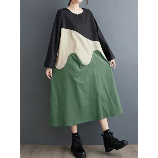 Contrast Color A-Line Long Sleeves Round-Neck Midi Dresses Contrast Color A-Line Long Sleeves Round-Neck Midi Dresses