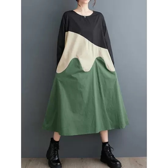 Contrast Color A-Line Long Sleeves Round-Neck Midi Dresses Contrast Color A-Line Long Sleeves Round-Neck Midi Dresses