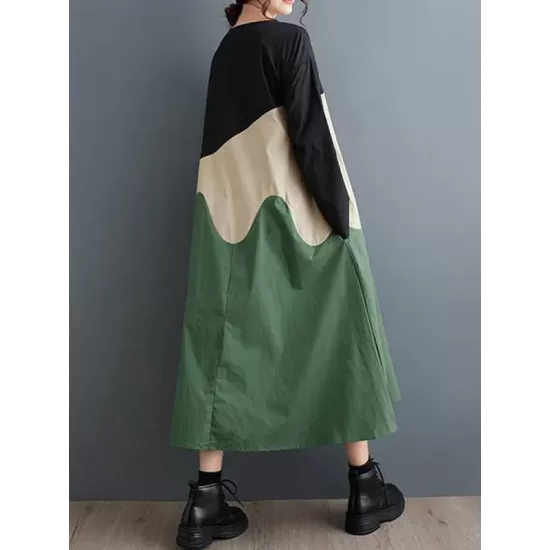 Contrast Color A-Line Long Sleeves Round-Neck Midi Dresses Contrast Color A-Line Long Sleeves Round-Neck Midi Dresses