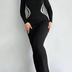 Contrast Color Long Sleeves Skinny Round-Neck Maxi Dresses