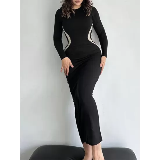Contrast Color Long Sleeves Skinny Round-Neck Maxi Dresses Contrast Color Long Sleeves Skinny Round-Neck Maxi Dresses