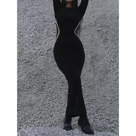 Contrast Color Long Sleeves Skinny Round-Neck Maxi Dresses Contrast Color Long Sleeves Skinny Round-Neck Maxi Dresses