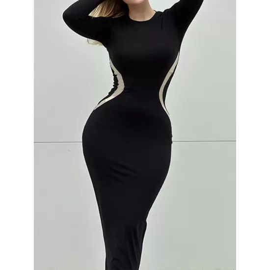 Contrast Color Long Sleeves Skinny Round-Neck Maxi Dresses Contrast Color Long Sleeves Skinny Round-Neck Maxi Dresses