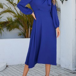 Asymmetric Bowknot Elasticity Solid Color A-Line Long Sleeves Round-Neck Midi Dresses
