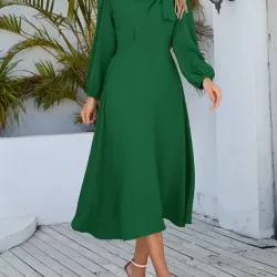Asymmetric Bowknot Elasticity Solid Color A-Line Long Sleeves Round-Neck Midi Dresses