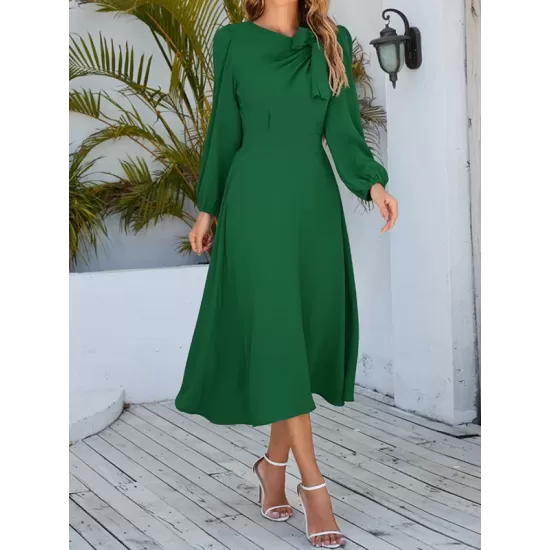 Asymmetric Bowknot Elasticity Solid Color A-Line Long Sleeves Round-Neck Midi Dresses Asymmetric Bowknot Elasticity Solid Color A-Line Long Sleeves Round-Neck Midi Dresses