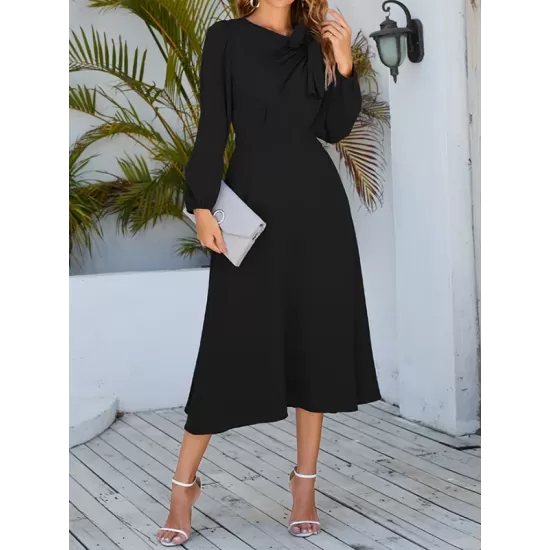 Asymmetric Bowknot Elasticity Solid Color A-Line Long Sleeves Round-Neck Midi Dresses Asymmetric Bowknot Elasticity Solid Color A-Line Long Sleeves Round-Neck Midi Dresses